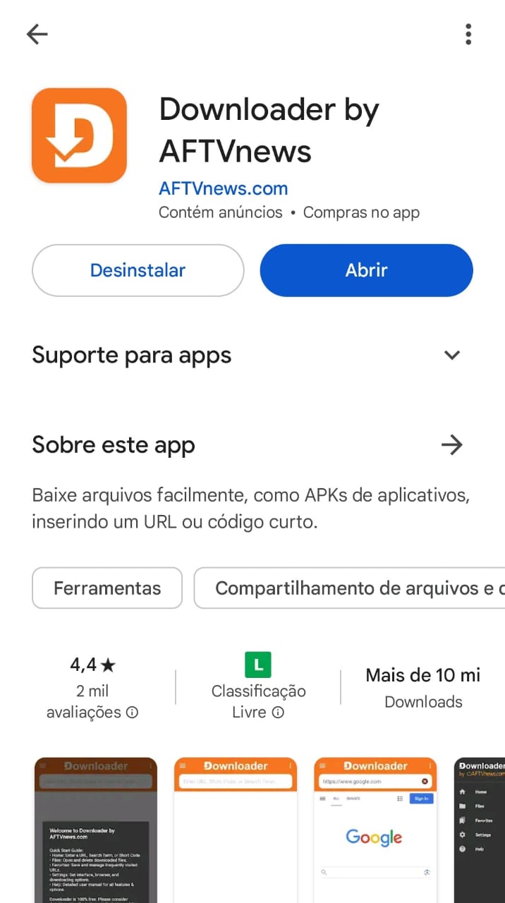 Captura de tela do aplicativo Downloader na Play Store